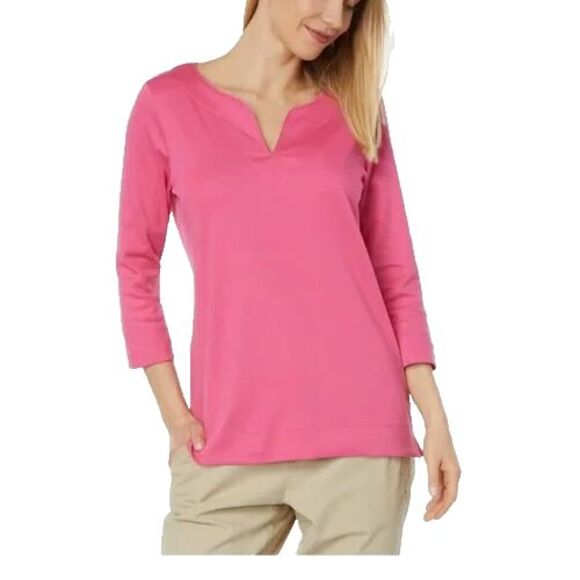 LL Bean Supima Cotton Three-Quarter-Sleeve Splitneck Top Pink Size Large - Picture 11 of 12